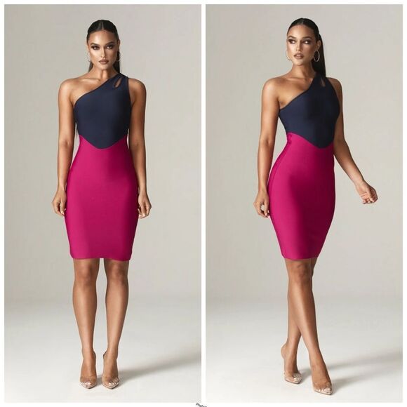 ALIEVA IRA TWO TONE BANDAGE Navy and Pink One-Shoulder Bodycon Mini Dress Size L - Picture 1 of 11